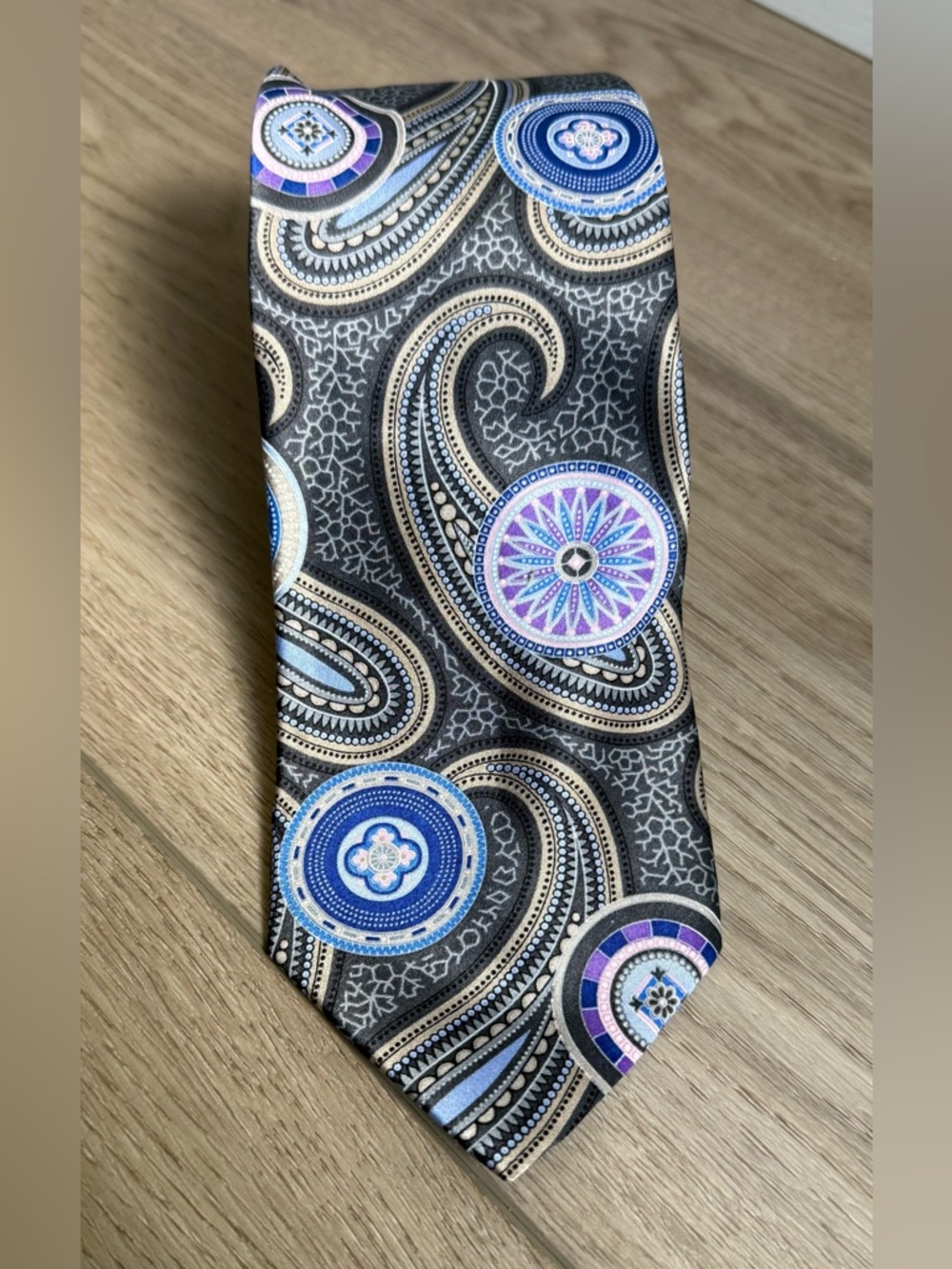 Murano Silk Black Paisley Tie with Blue and Purple Medallions